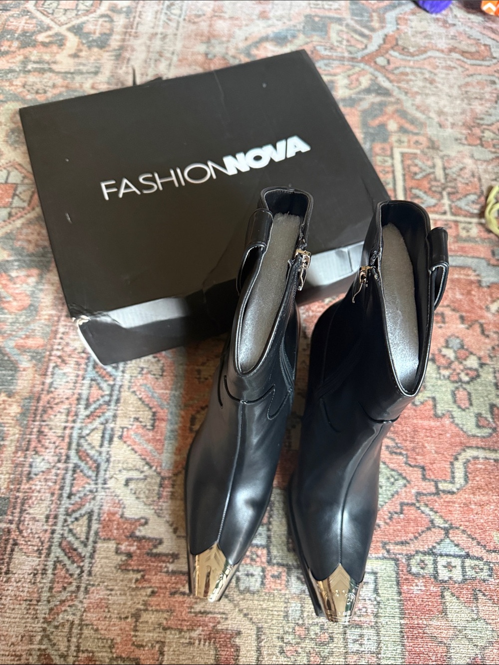 Fashion Nova Black Ankle Booties with Silver Toe Caps